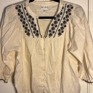 Wonderly Cream Blouse with Black Embroidery size petite small